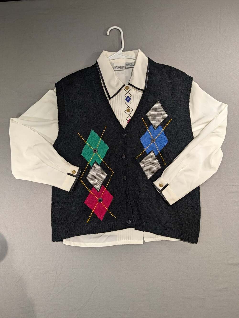 Koret Petites Sweater Vest Size 12 Black Argyle V-Neck Button Up
